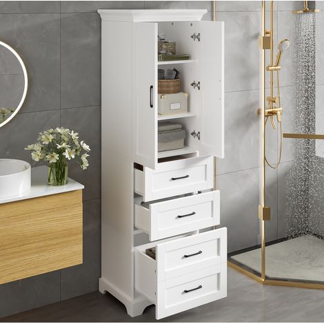 Mobile bagno alto in MDF bianco 57 cm con 3 cassetti, 1 armadietto e ripiani regolabili (1/5)