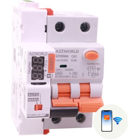 RCBO Interruttore Magnetotermico Differenziale Connesso WiFi Con Riarmo Automaico, Tipo A Curva C 1P+N 3M 6000A 300mA AC 230V IP20 IEC61009-1 GYR9NM, Corrente Disponibili 40A 50A 63A (C63A) (1/3)