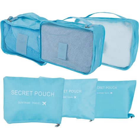 Lot de 6 pochettes de rangement pour vêtements, organiseur de valise voyage bleu (1/5)