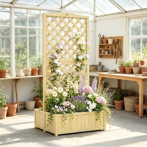 Jardinière pliante double 73x70x170 cm en bois naturel avec treillis, pour terrasse – MEUBLIV (1/5)