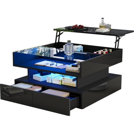 Table basse 80x80x45 cm réglable en hauteur avec rangement caché et 2 tiroirs, table canapé avec LED, table de salon brillante en verre trempé, noir (1/5)