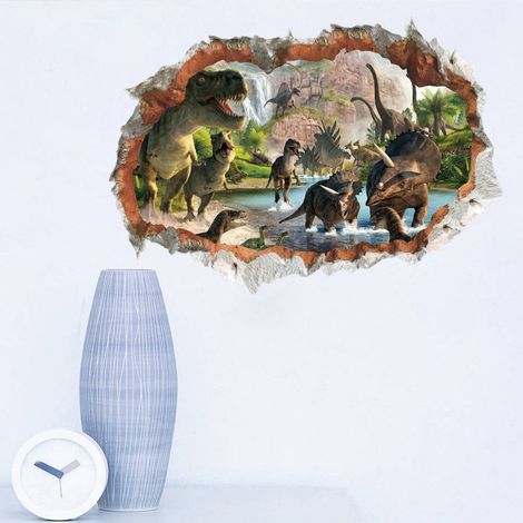 Autocollant Mural Dinosaures dans la Rivière 3D Sticker Mural 3D Sticker Mural 3D Effet Spécial Vue Extérieure Décoration Murale Fissurée Amovible DIY Vinyle Mur Salon Chambre Maison Décalque 5070CM (1/2)