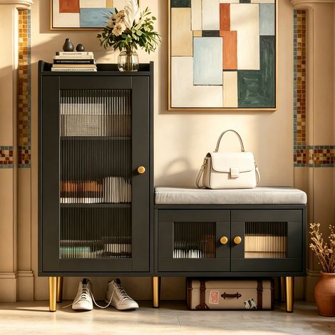 Meuble à Chaussures avec noir Intégré - 100x35x90- Porte Vitrée et Étagères Réglables - Scandinave - Entrée et Salon (1/5)