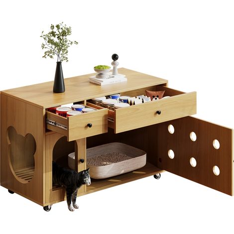 Meuble Litière Chat – Maison de Toilette pour Chat – Armoire Cache-Litière avec Tiroirs et Plaque Amovible – 100 x 45 x 66 cm (1/5)