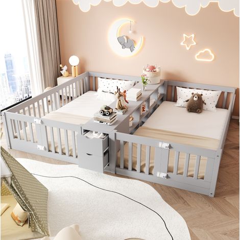 Cama infantil 90x200 cm de madera gris con doble plaza, estantería central y 2 cajones
