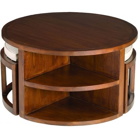Macabane – Table basse ronde en bois Mindi marron avec 2 tabourets coussins écrus – Dimensions 90x90x50.7 cm – Style ethnique contemporain (1/5)