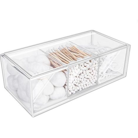 Boite Coton Tige en Acrylique 3 Compartiment,Rangement Coton Tige Transparent,Mini Organisateur tiroir Rangement Plastique,pour Coiffeuse, Rangement et Organisation de la Salle de Bain (1/5)