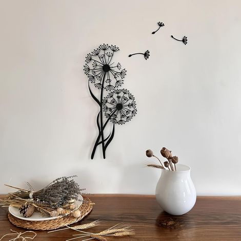 4-teiliges Wanddeko-Set aus Metall, Motiv: Schwarzer Löwenzahn, moderne minimalistische Wanddekoration fürs Wohnzimmer, abstrakte Linienzeichnung, Schlafzimmerdekoration, Wandskulpturen für Zuhause (1/5)
