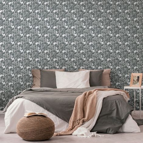 Papier peint intissé blanc, noir et gris à fleurs Tapisserie florale de charme style baroque Papier peint feuillage botanique idéal pour cuisine (1/5)
