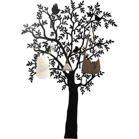 Perchero de pared de metal negro con diseño de árbol y pájaros, 8 ganchos, 120 x 175 cm (1/5)