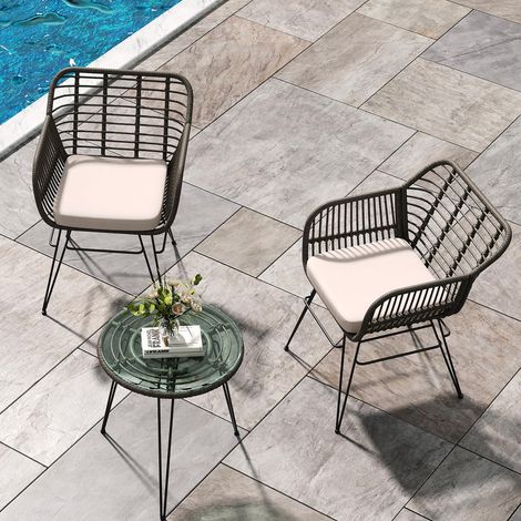 Ensemble bistrot de jardin 3 pièces en rotin – Table avec plateau en verre + 2 fauteuils 2 places avec coussins épais amovibles, cadre acier antirouille, résistant UV, pour balcon/terrasse/jardin beig (1/5)