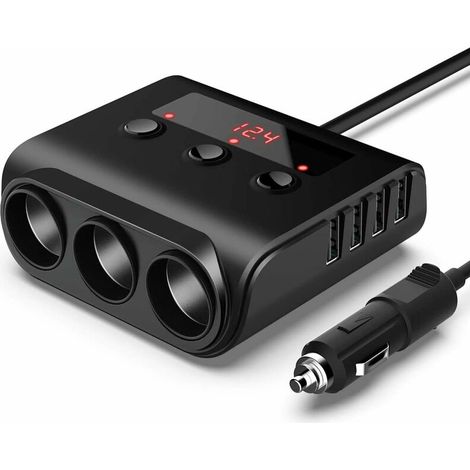 100W/12V/24V Prise Allume-Cigare de Voiture 3 Ports + 4 Ports de Charge USB, Adaptateur Chargeur avec Voltmètre LED et Interrupteur