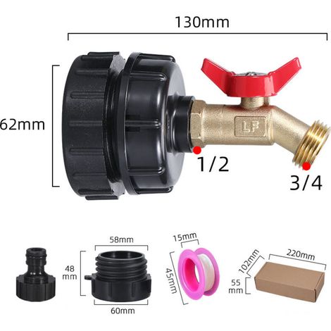 Adaptateur de réservoir IBC avec robinet fileté 1/2 NPT pour tuyau d'arrosage, accessoire pour réservoir IBC, adaptateur pour réservoir IBC vers tuyau d'arrosage (1/4)