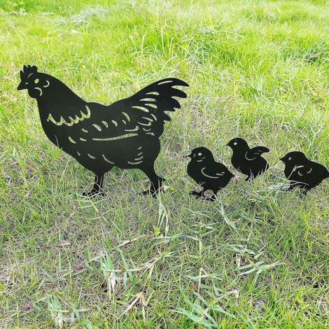 Lot de 4 piquets métalliques en forme de poule pour jardin, ornements d'animaux creux pour jardin - (1/5)
