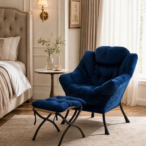 Fauteuil relax avec repose-pieds 79x62x96 cm en tissu bleu foncé, gain de place salon FloraGrace (1/5)