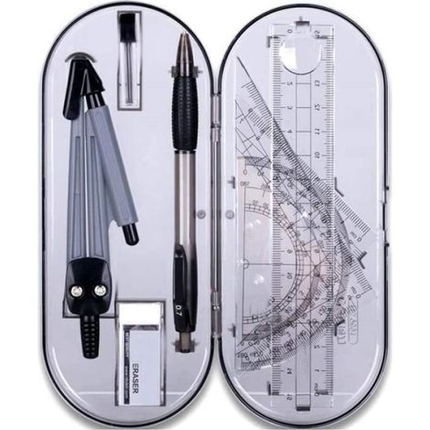 Kit De Géométrie - 8 Pièces - Étui Plastique - Pour École Collège Lycée - 1 Compas Graphique 1 Rapporteur 1 Règle Droite 2 Triangles 1 Crayon Mécanique 1 Gomme 1 Recharge (1/5)