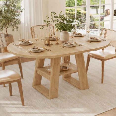 Table extensible, 110/150110 cm, adapté pour 4-6 personnes, table ronde, table à manger avec rangement et étagères, couleur chêne (1/5)