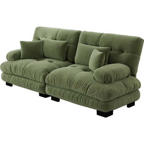 CAIziCanapé d’angle Cloud pour salon, canapé deux places en chenille avec 2 coussins lombaires et 2 coussins décoratifs, structure en bois massif, vert (1/5)