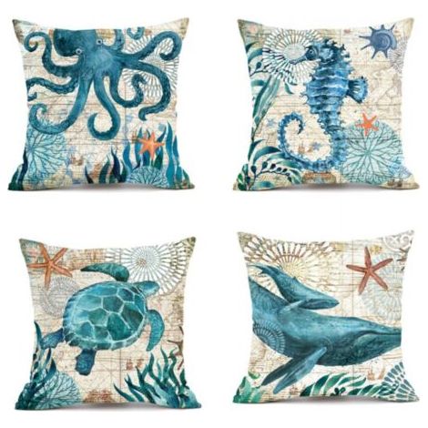 45x45cm Extérieur Housse De Coussin, Lot De 4 Imperméable La Vie Marine Bleue Motif Canapé Taie D'oreiller Pour Patio Jardin Salon Chambre Décoration (1/5)