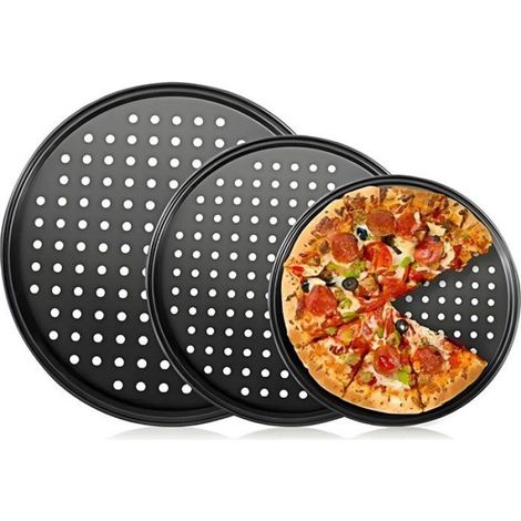 Plaque A Pizza - Ronde - Perforée - Antiadhésive - Acier Au Carbone - 24 cm 28 cm 32 cm - Lot De 3 (1/5)