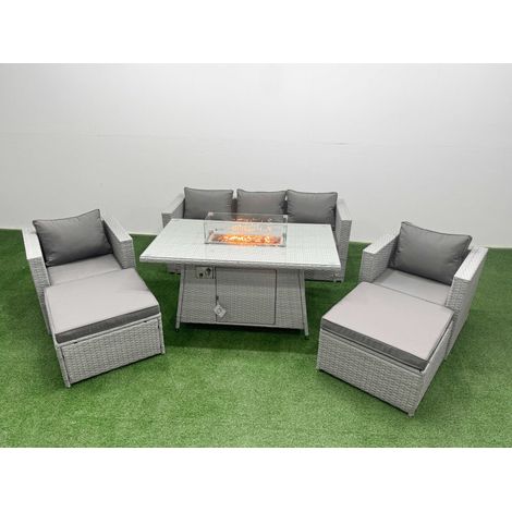 Fimous 7 Seat PE Rattan Lounge Sofa Set Outdoor Garden Furniture Set with Firepit Dining Table 3 Seater Sofa 2 Big Footstools Light Grey (1/5)