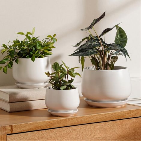 Pot de Fleurs en Céramique, 11+13+17 cm, Lot de 3, Pot avec Trou de Drainage et Soucoupe, Pot d’Intérieur avec Tapis en Maille, Cadeau pour la Fête des Mères, Blanc (1/5)