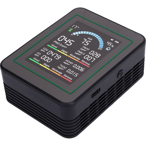 HCHO 10 in 1 misuratore, termometro e igrometro portatile con schermo a colori per casa, ufficio, veicolo, rileva PM0.3 PM2.5 PM10 CO2 CO TVOC MT13 nero. (1/5)