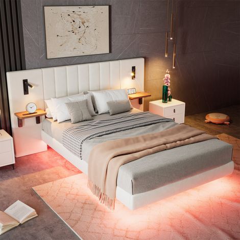 Premium Velvet Double Bed with Charging Socket & Bedside Lamps – Soft Headboard with Storage & Modern LED Lighting – Stylish Iron Accents – 135x190cm, White (1/5)