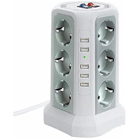 Surge-protected power strip tower, electrical power strip with 5 USB ports and 12 outlets, power strip with 3 switches, white (1/4)