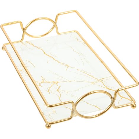 Organisateur de Cosmétiques en Fer et Verre Blanc Surface Marbrée Lisse, Plateau Pratique pour Salle de Bain et Coiffeuse, Rangement Élégant pour Accessoires et Bijoux'-'- (1/5)
