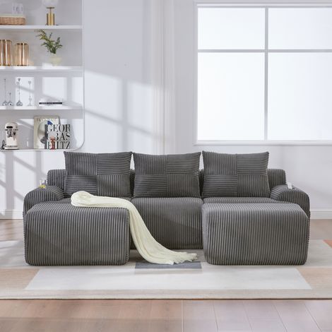 Canapé modulaire en velours côtelé pour 3 personnes (avec 2 poufs), modulable à volonté, avec porte-gobelet et poche de rangement latérale, idéal pour le salon, la salle familiale et d'autres pièces, (1/5)