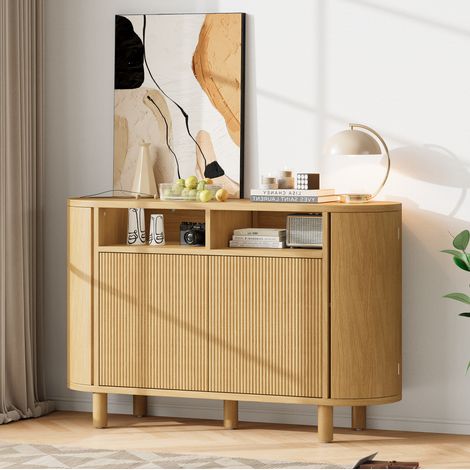 Sideboard MDF Natur 120x38x77 cm mit Rundbogenfach, Doppeltürschrank, verstellbaren Böden und Füßen (1/5)