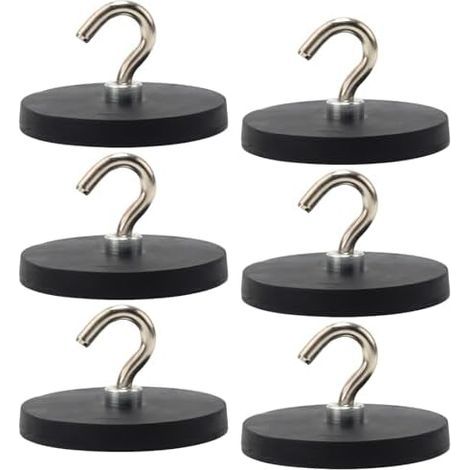 Set mit 6 schwarzen Magnethaken, 43 mm dick, mit Haken, kein Bohren erforderlich, gummiert, extra stark, 10 kg, für Eisentüren, Kühlschränke, - (1/5)