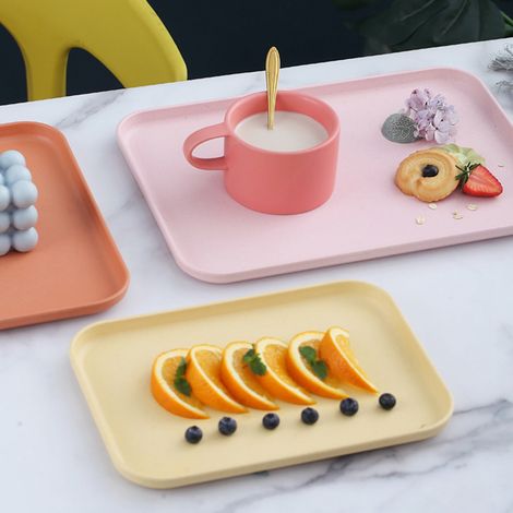 Plateau de service de cuisine rectangulaire en paille de blé, style nordique, pour cupcakes, fruits, goûters et thé, bleu clair, taille S (environ 25 x 17 cm / 9,8 x 6,7 pouces). (1/5)