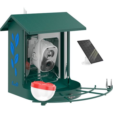 Vogelfutterhaus mit 2K-Smart-Kamera, Eichhörnchenschutz, solarbetrieben, Stahl, 30 x 34,5 x 26,3 cm, Grün
