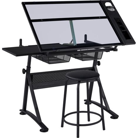 Table à Dessin Inclinable avec Tabouret Bureau pour Dessinateur Réglable avec Plateau en Verre et 2 Tiroirs de Rangement pour Maison Bureau École 141× 60 × 91 cm (1/5)