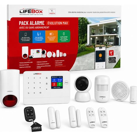 Pack alarme connectée EvolutionMax 4G – Alimentation par batterie et secteur – Sirène 110dB – Détecteurs de mouvement et d'ouverture sans fil – Lifebox