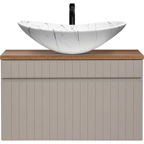 Waschtischunterschrank 80 cm Beige Aufsatzwaschbecken weiß marmoriert IRAKLIO-56-CASHMERE B/H/T ca. 80,4/63/46 cm (1/5)