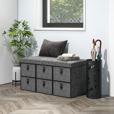 Banquette à chaussures rembourré - cadre en MDF - aspect lin - gris ManBo - 6 compartiments pour chaussures - Pratique