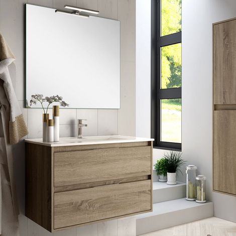 Meuble de salle de bain 100cm simple vasque - 2 tiroirs - cambrian (chêne clair) - IRIS (1/5)