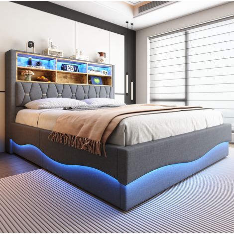 Letto Contenitore 180x200 cm con Struttura in Metallo e Tessuto Grigio (1/5)