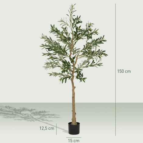 Olivier artificiel réaliste, 150 cm de haut, 720 feuilles, 40 olives, pot robuste inclus, plante d'intérieur décorative, vert durable, sans entretien (1/5)