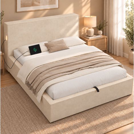 Polsterbett 120x200 cm Chenille Beige mit Lattenrost und Stauraum, ohne Matratze – MEUBLIV (1/5)
