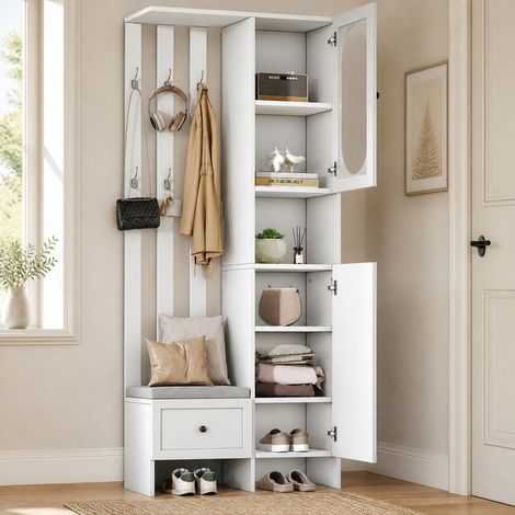 DESMIU Meuble d'entrée avec 2 armoires, portes en verre trempé, banc range-chaussures et crochets, en panneau de particules blanc (1/5)
