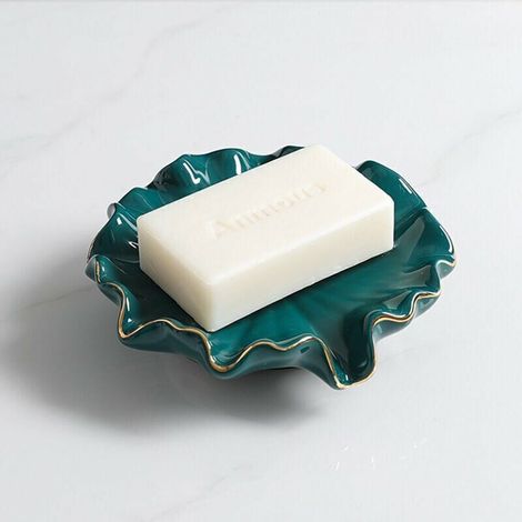 Porte-savon en céramique, porte-savon avec égouttoir, porte-savon de salle de bain en forme de feuille de lotus (vert)