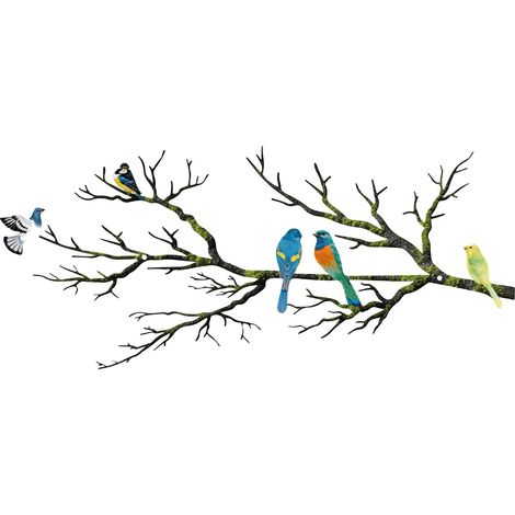 Décor mural en métal Motif oiseaux, décor mural en métal avec oiseaux vifs sur une branche en silhouette, feuilles avec oiseau pour suspension extérieure, sculpture murale pour la maison, salon (1/5)