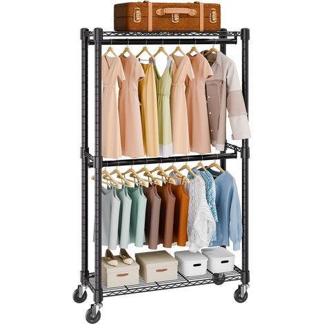 Support de rangement robuste pour vêtements, double tringle avec étagères supérieure et inférieure, roulettes, tube en acier épaissi de 2,5 cm, capacité 136,1 kg. (1/5)