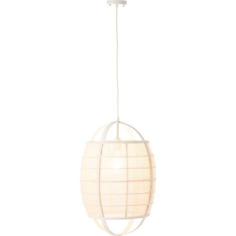 Lampe suspendue blanche en lin et bambou style contemporain - Blanc naturel et beige lin (1/5)