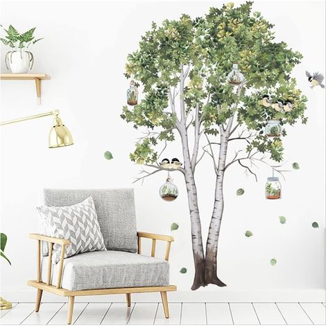 Stickers Muraux Arbre et Oiseaux Autocollant Mural Bouleau Vert Deco Stickers Salon Chambre Enfants Bébé Décoration 72x102cm (1/5)