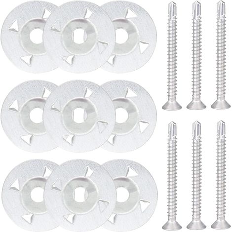 Griffes Rondelle Lot de 200 Rondelles d'Isolation de 28 mm de Diamètre en Fer Galvanisé 100Pcs Rondelles en Acier Galvanisé et 100Pcs Vis pour Isolation Thermique et Plaques de Plâtre (1/5)